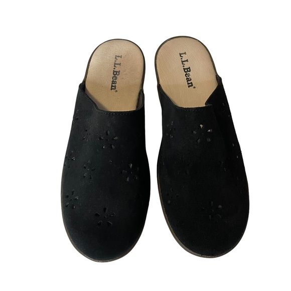 LL Bean Black Suede Flower/Star Laser Cut Slip On Mules Shoes 4 - Picture 1 of 10